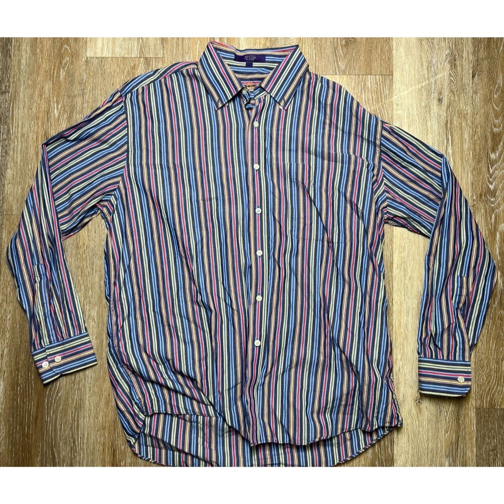 Alan Flusser Mens Button Down Shirt Regular Multi Color Striped Cotton L
